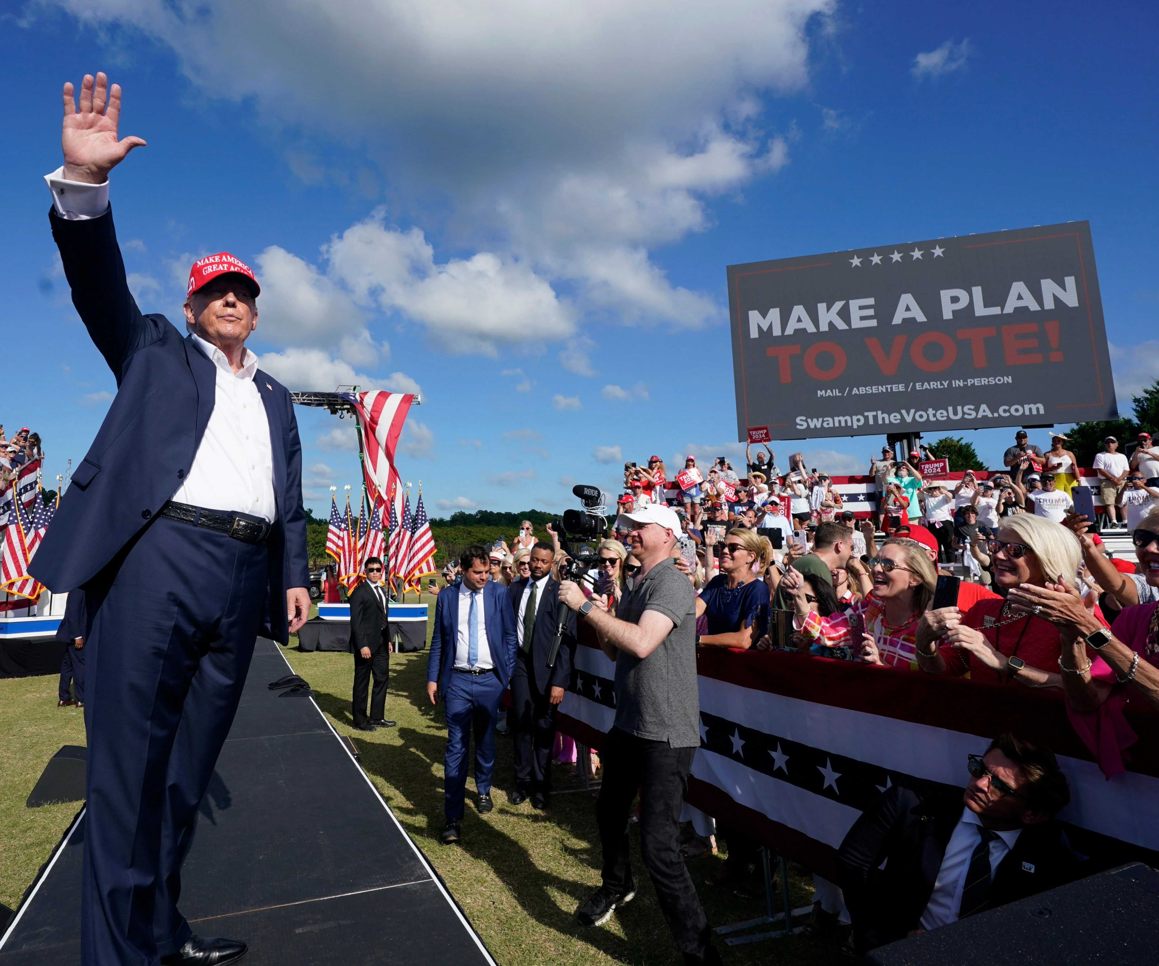 Republican presidential candidate former President Donald Trump waves to the crowd at a campaign rally in Chesapeake, Va., on June 28, 2024. (AP)